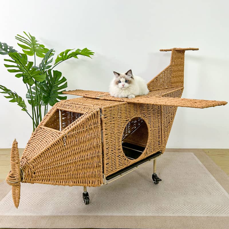 Handwoven Airplane Pet Bed for Cats & Dogs, Rattan Cat House - Image 2