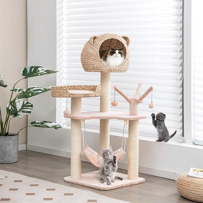 Wooden cat scratching posts with swinging cat bed